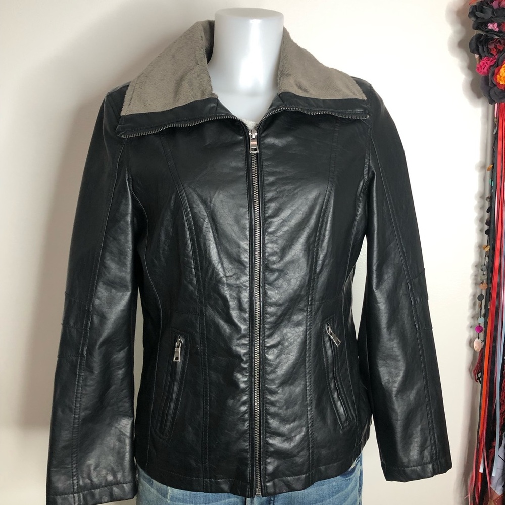 Brave Soul Black Leather Jacket with Gray Collar